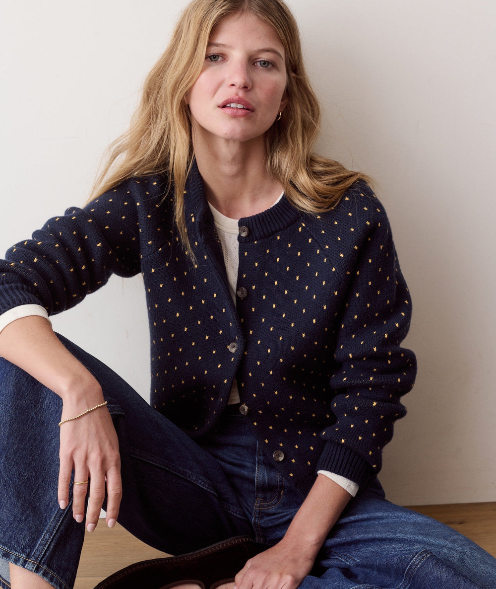 Iris Crewneck Cardigan in Navy & Gold