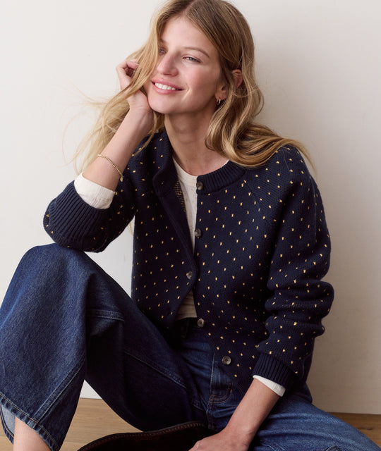 Iris Crewneck Cardigan in Navy &amp; Gold