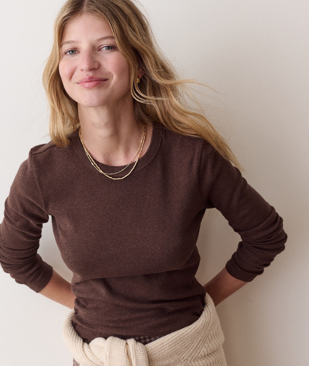 Marine Layer Mini Rib Long Sleeve Crew Tee in Chocolate, view 2