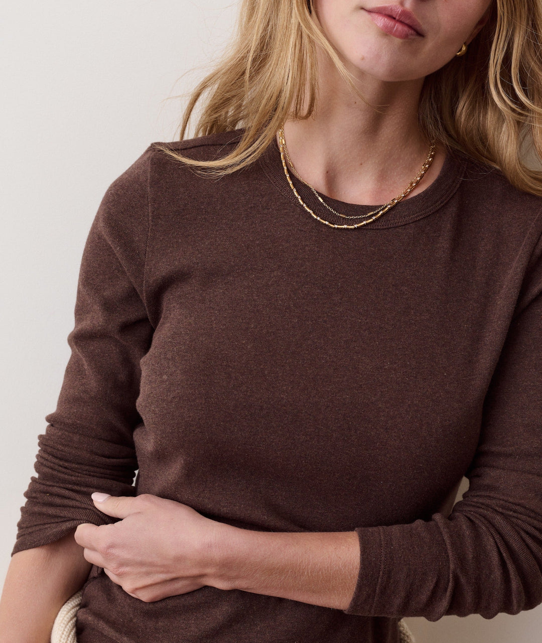 Marine Layer Mini Rib Long Sleeve Crew Tee in Chocolate, view 3