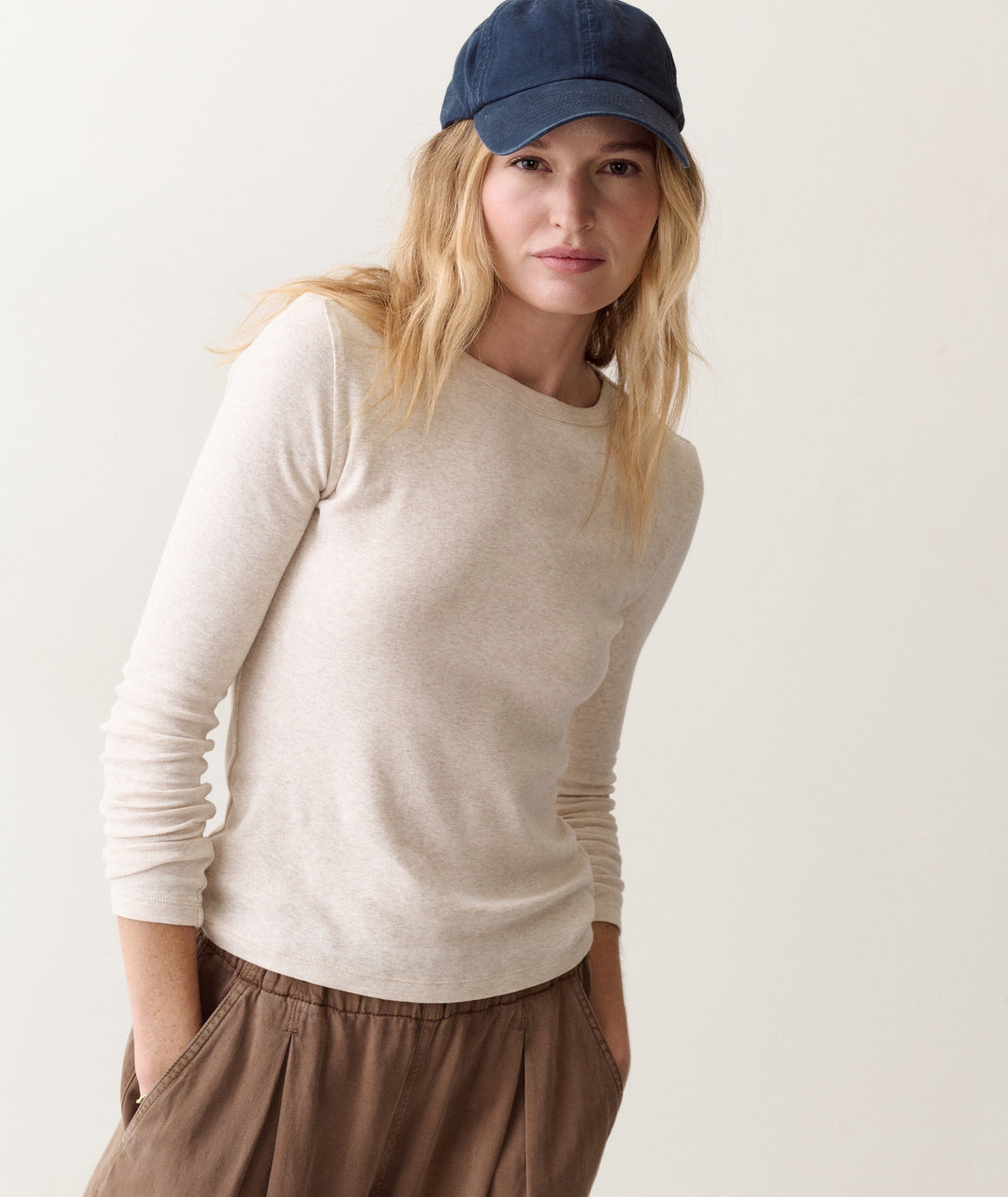 Marine Layer Mini Rib Long Sleeve Crew Tee in Oatmeal, front