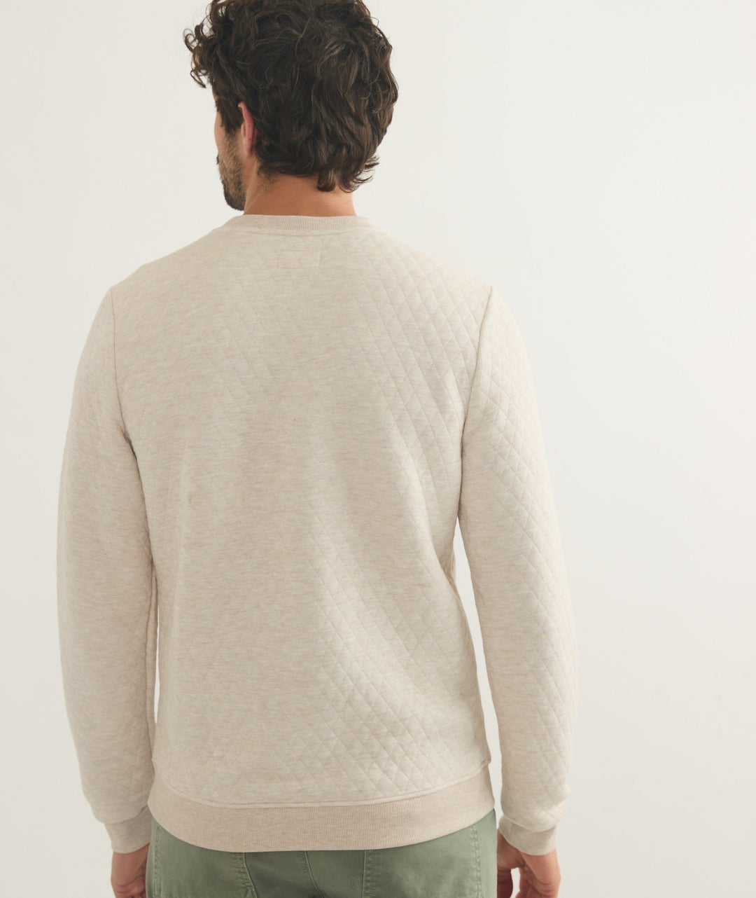 Marine Layer Corbet Quilted Crewneck in Dark Oat Heather, full length