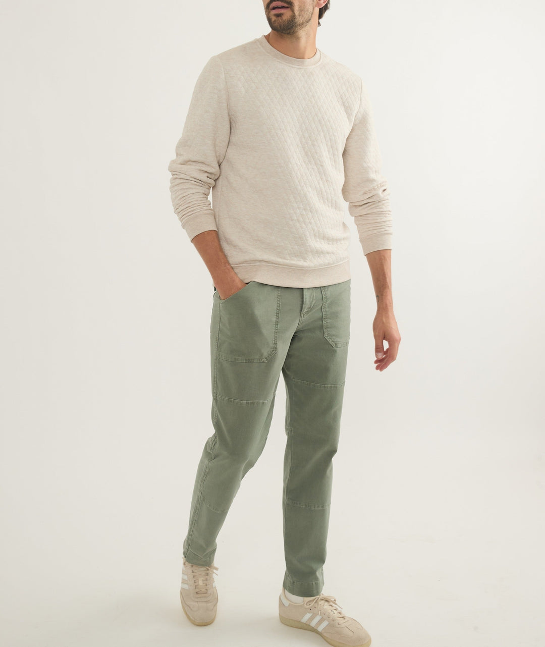 Marine Layer Corbet Quilted Crewneck in Dark Oat Heather, detail