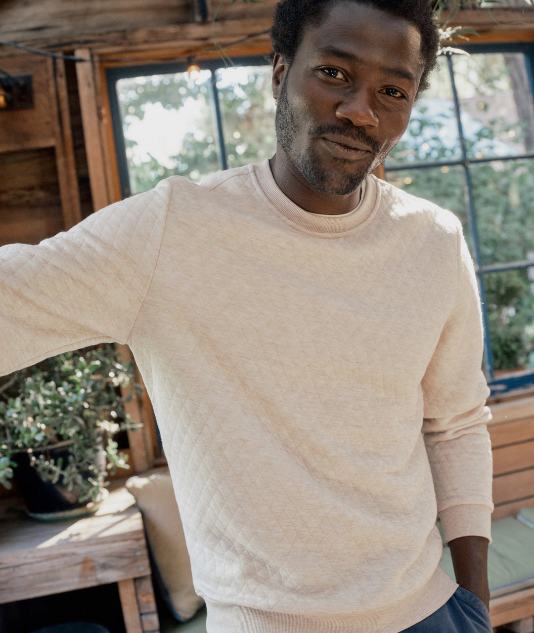 Marine Layer Corbet Quilted Crewneck in Dark Oat Heather, styled