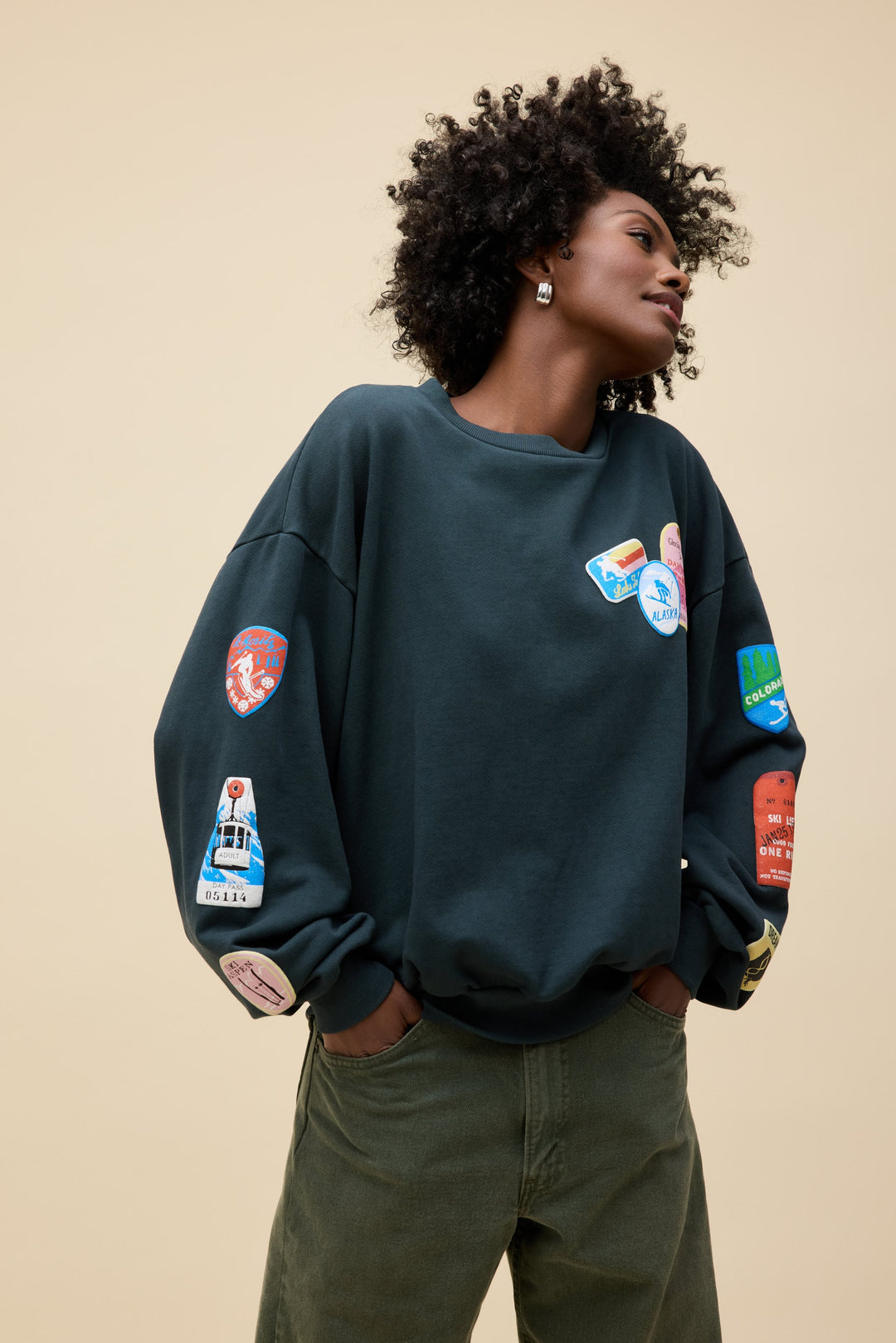Ski Patch & Pass Collector Oversized Crew Sweatshirt