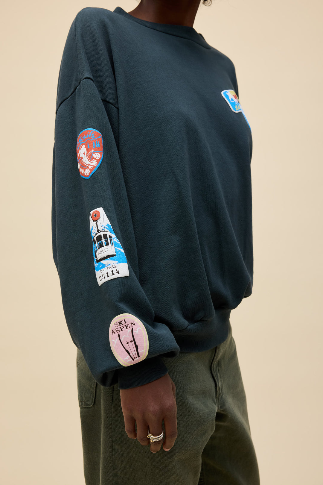 Ski Patch & Pass Collector Oversized Crew Sweatshirt