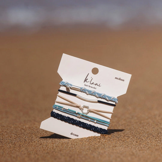 "Dream" Silver Hexagon Charm Blue Hair Tie Bracelets