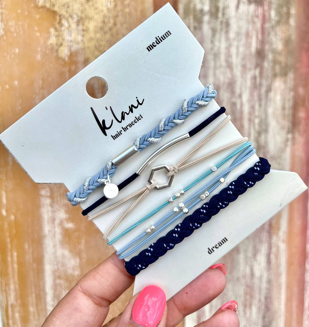 "Dream" Silver Hexagon Charm Blue Hair Tie Bracelets - Davidson Provision Co.