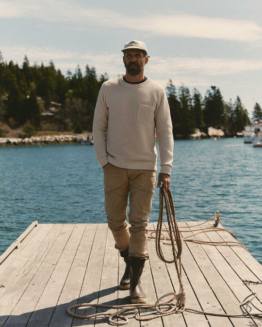 Taylor Stitch The Crawford Crew Sweater in Marled Natural, seed stitch detail