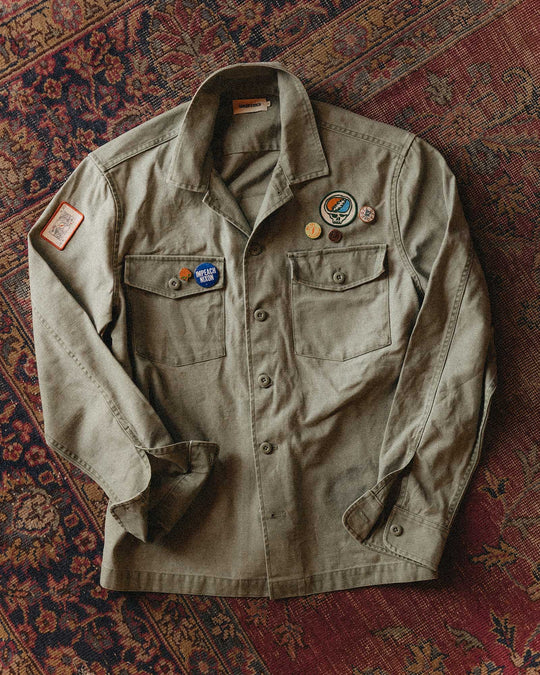 Taylor Stitch The Surplus Shirt in Field Olive Reverse Sateen, front