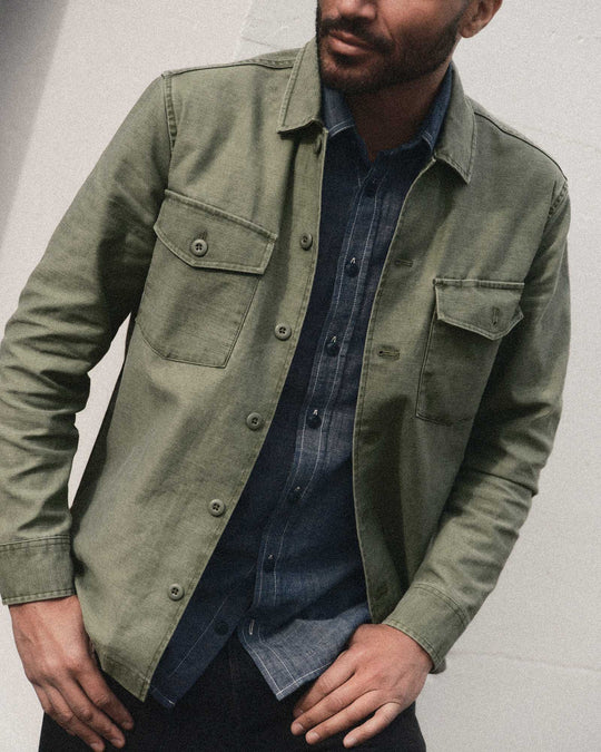 Taylor Stitch The Surplus Shirt in Field Olive Reverse Sateen, back