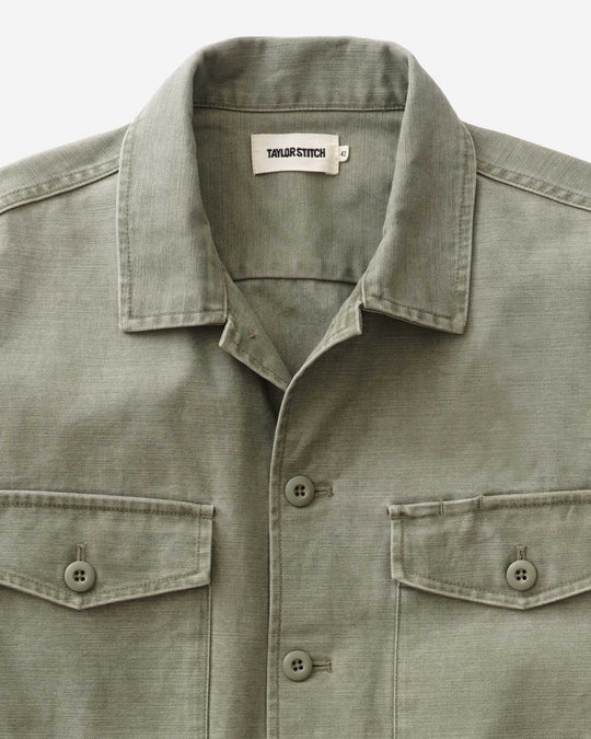 Taylor Stitch The Surplus Shirt in Field Olive Reverse Sateen, detail