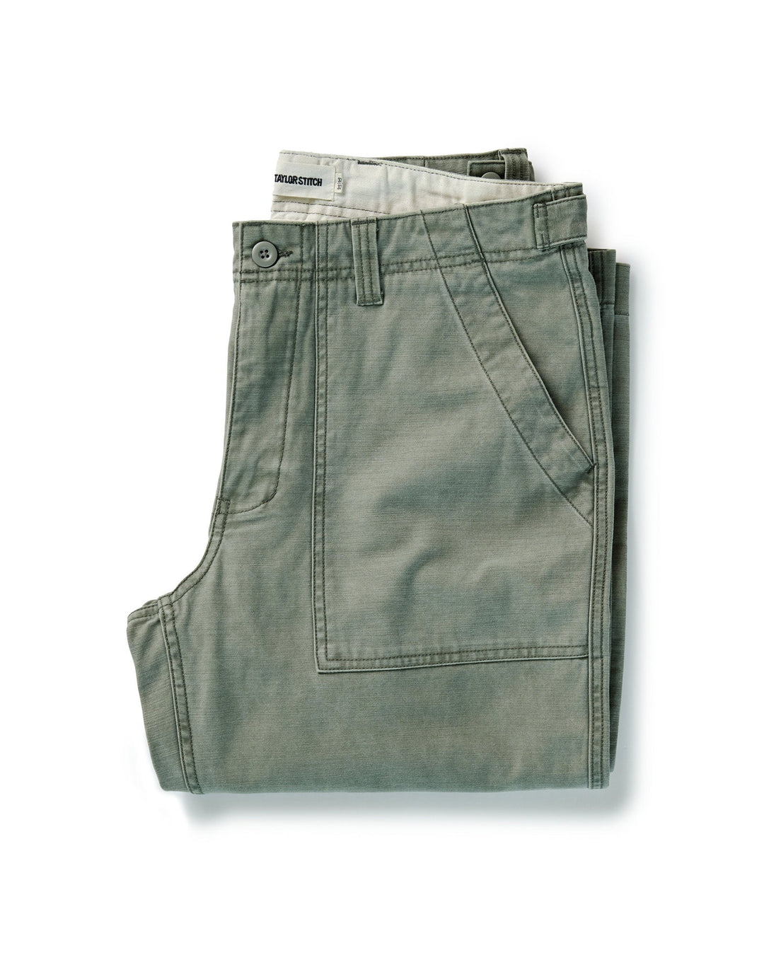Taylor Stitch The Surplus Pant in Field Olive Reverse Sateen, folded flat lay