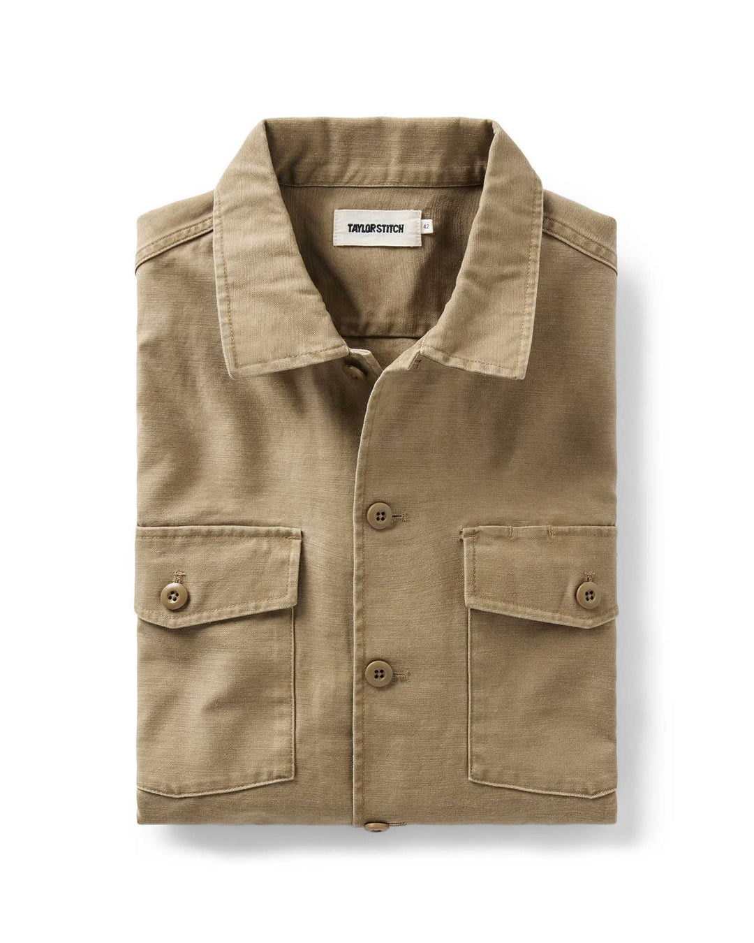 Taylor Stitch The Surplus Shirt in Field Khaki, folded flat lay