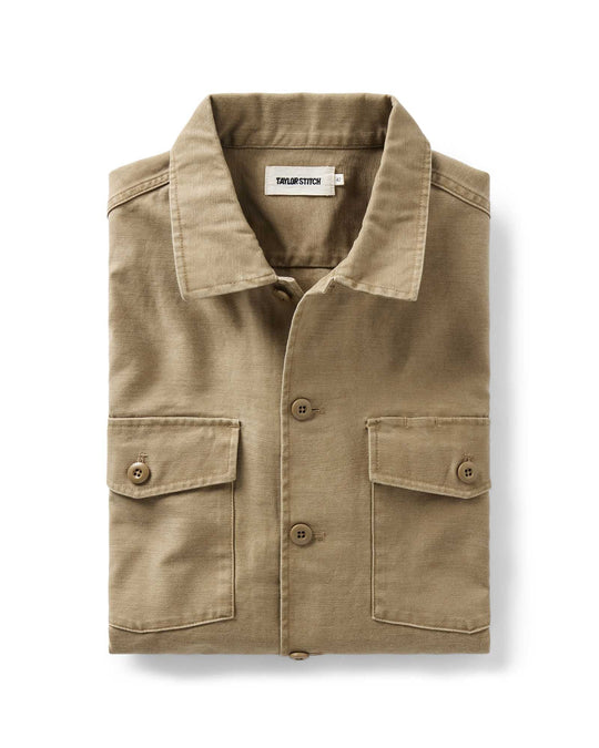 Taylor Stitch The Surplus Shirt in Field Khaki, folded flat lay