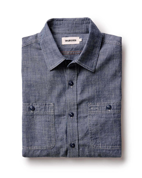 Taylor Stitch The Foundry Shirt in Rinsed Indigo Chambray, folded flat lay