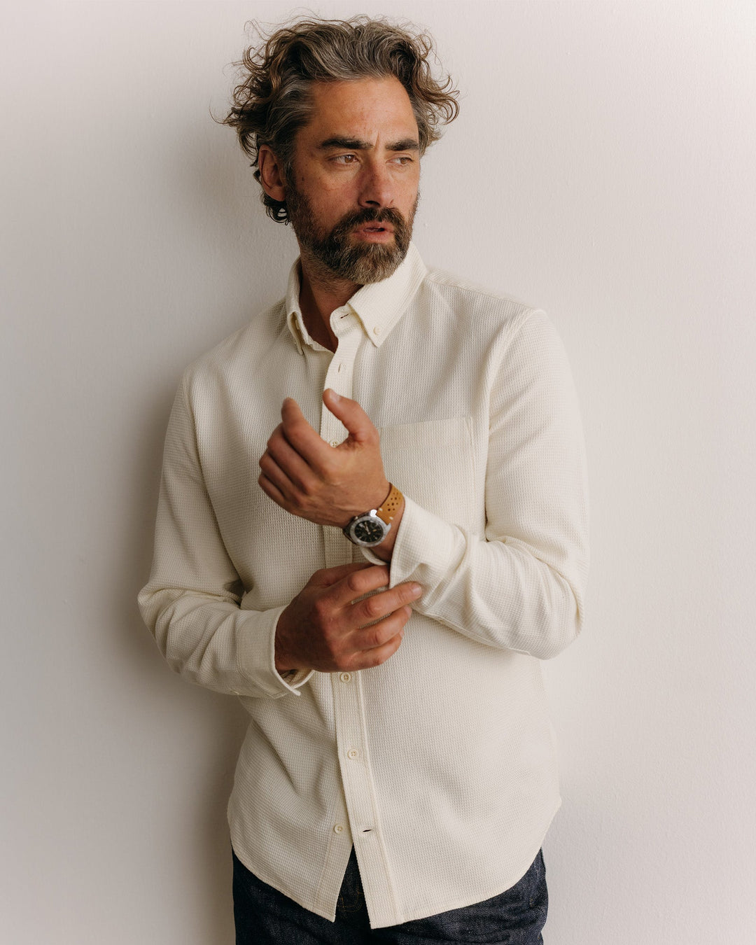 Taylor Stitch The Jack in Vintage White Waffle, front