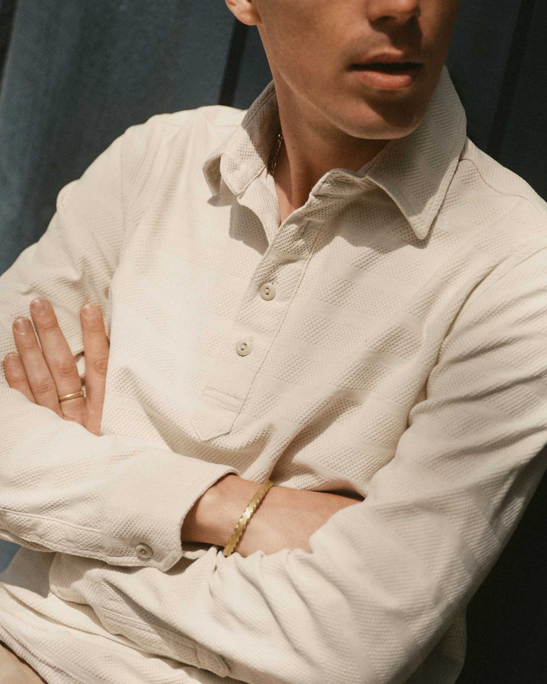 Taylor Stitch The Long Sleeve Polo in Vintage White Knit Stripe, detail