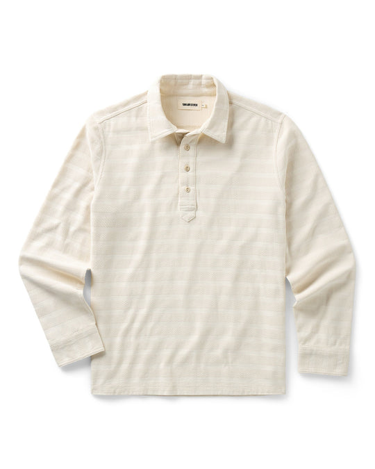 Taylor Stitch The Long Sleeve Polo in Vintage White Knit Stripe, front