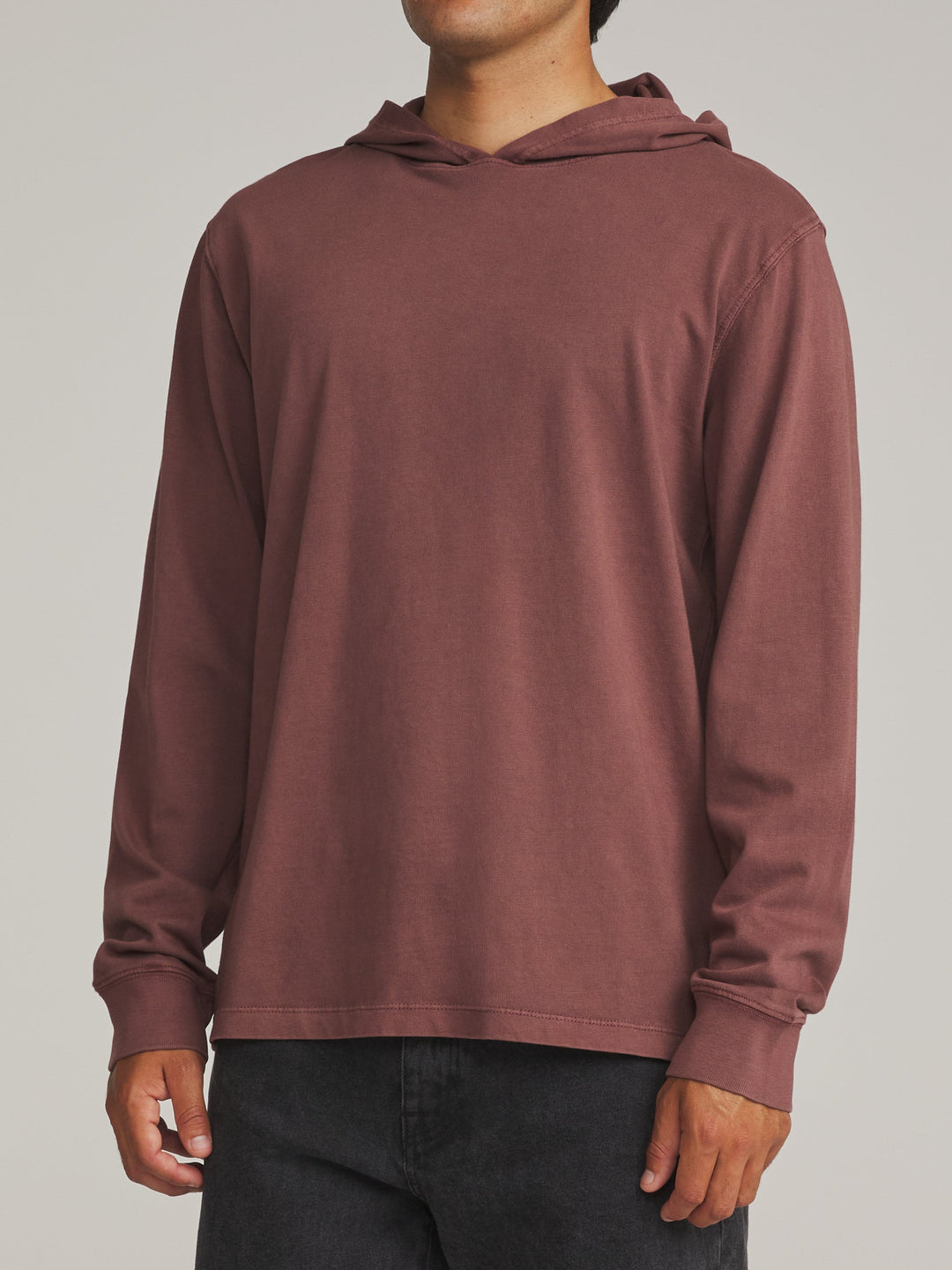 Katin Hide Pullover in French Roast Vintage Wash, worn by a model, side view