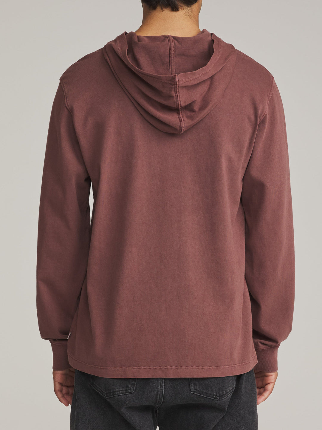 Katin Hide Pullover in French Roast Vintage Wash, worn by a model, back view