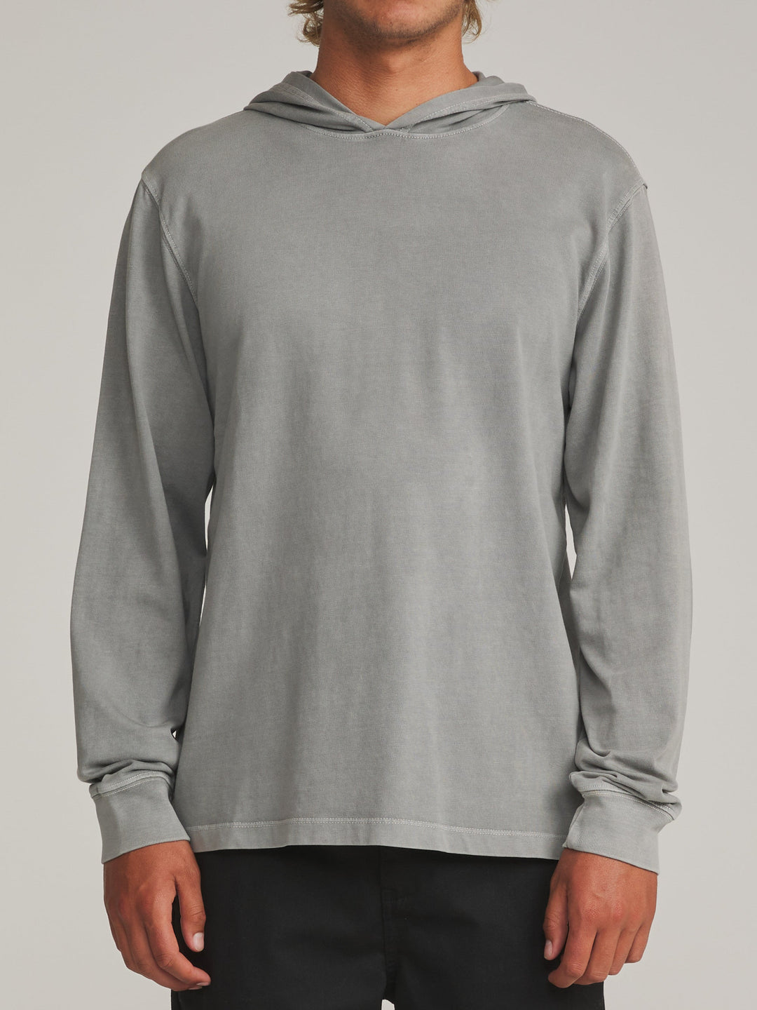 Katin Hide Pullover in Gray Vintage Wash, worn by a model, front view