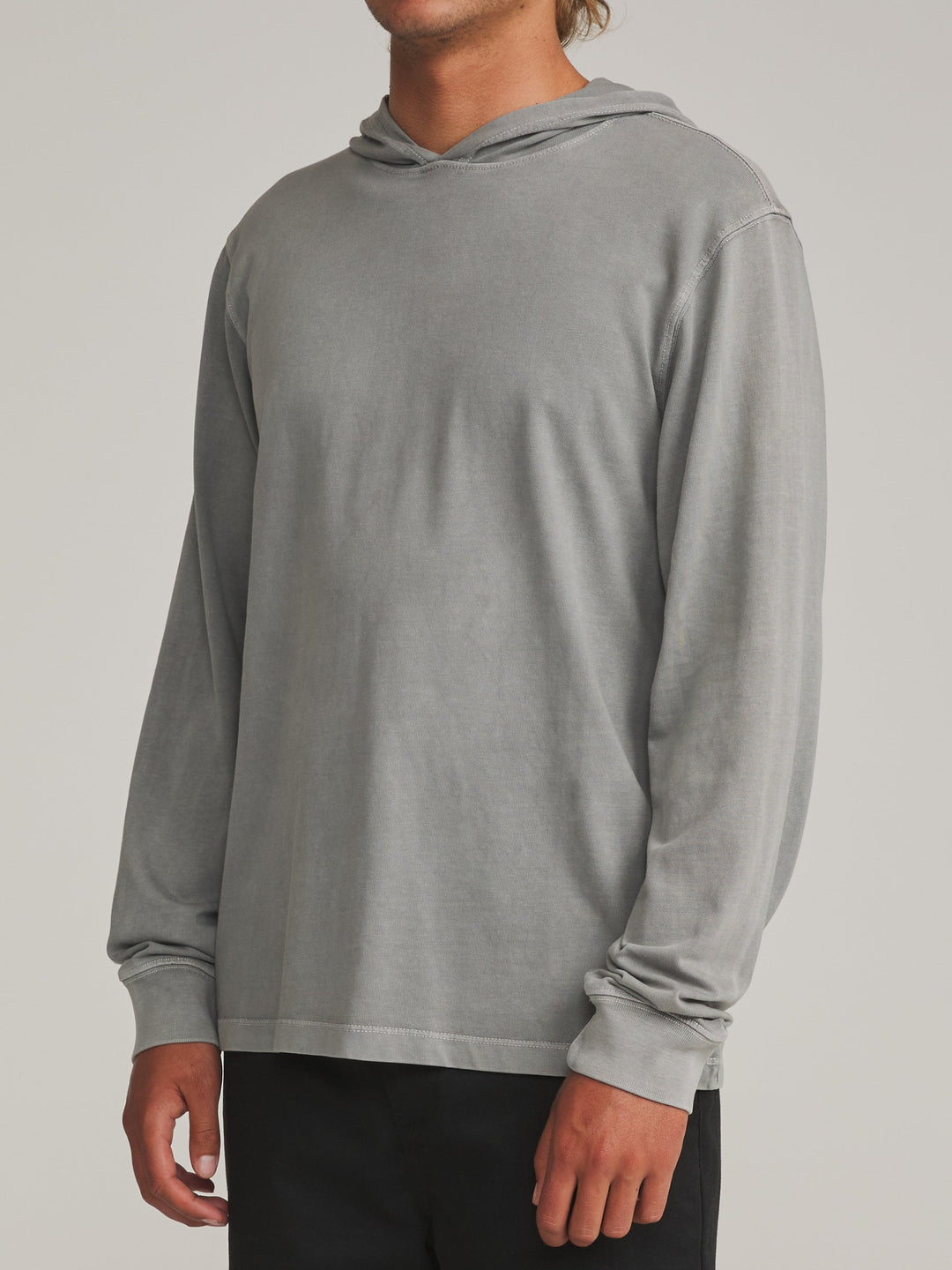 Katin Hide Pullover in Gray Vintage Wash, worn by a model, side view