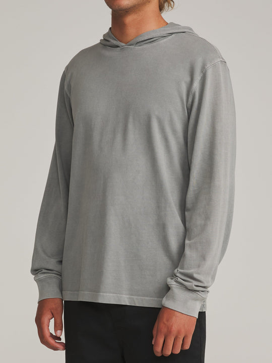 Katin Hide Pullover in Gray Vintage Wash, worn by a model, side view