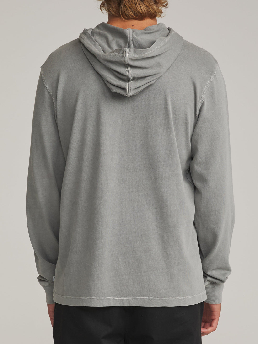 Katin Hide Pullover in Gray Vintage Wash, worn by a model, back view