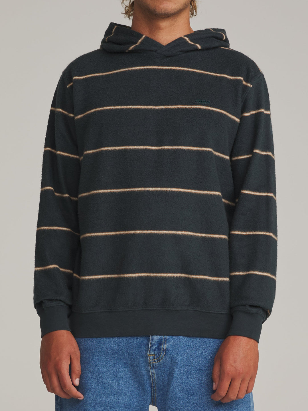 Katin Parks Hood in Black Wash, worn by a model, front view