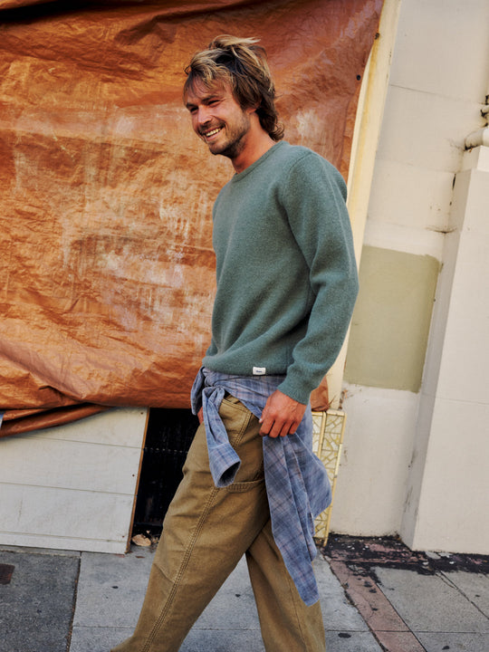 Katin Rivers Sweater in Gray Green, worn in a lifestyle setting