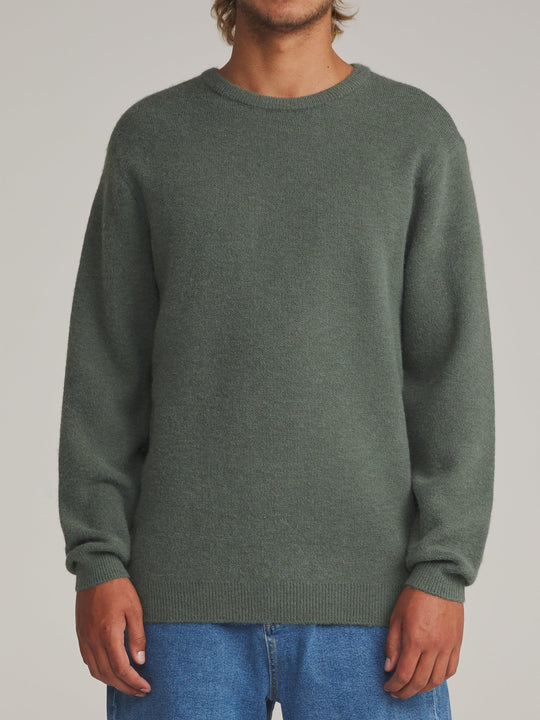 Katin Rivers Sweater in Gray Green, worn by a model, front view