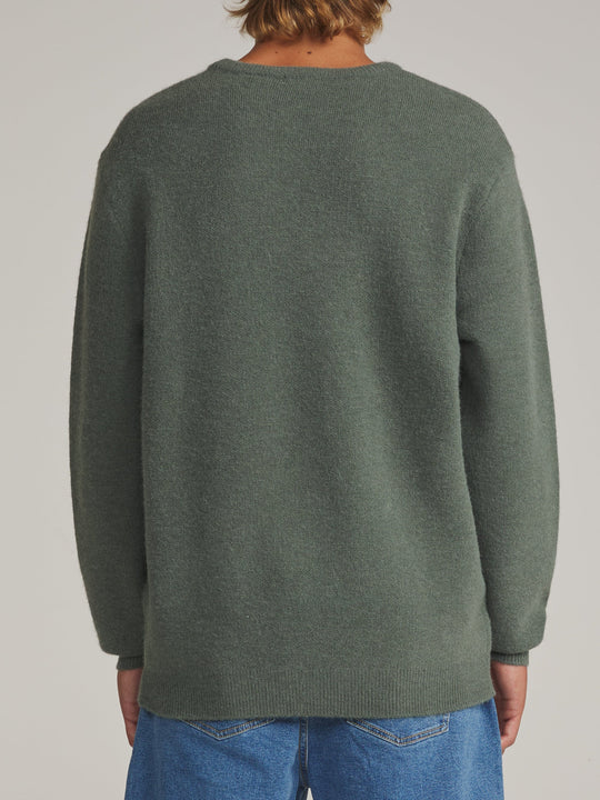 Katin Rivers Sweater in Gray Green, worn by a model, back view
