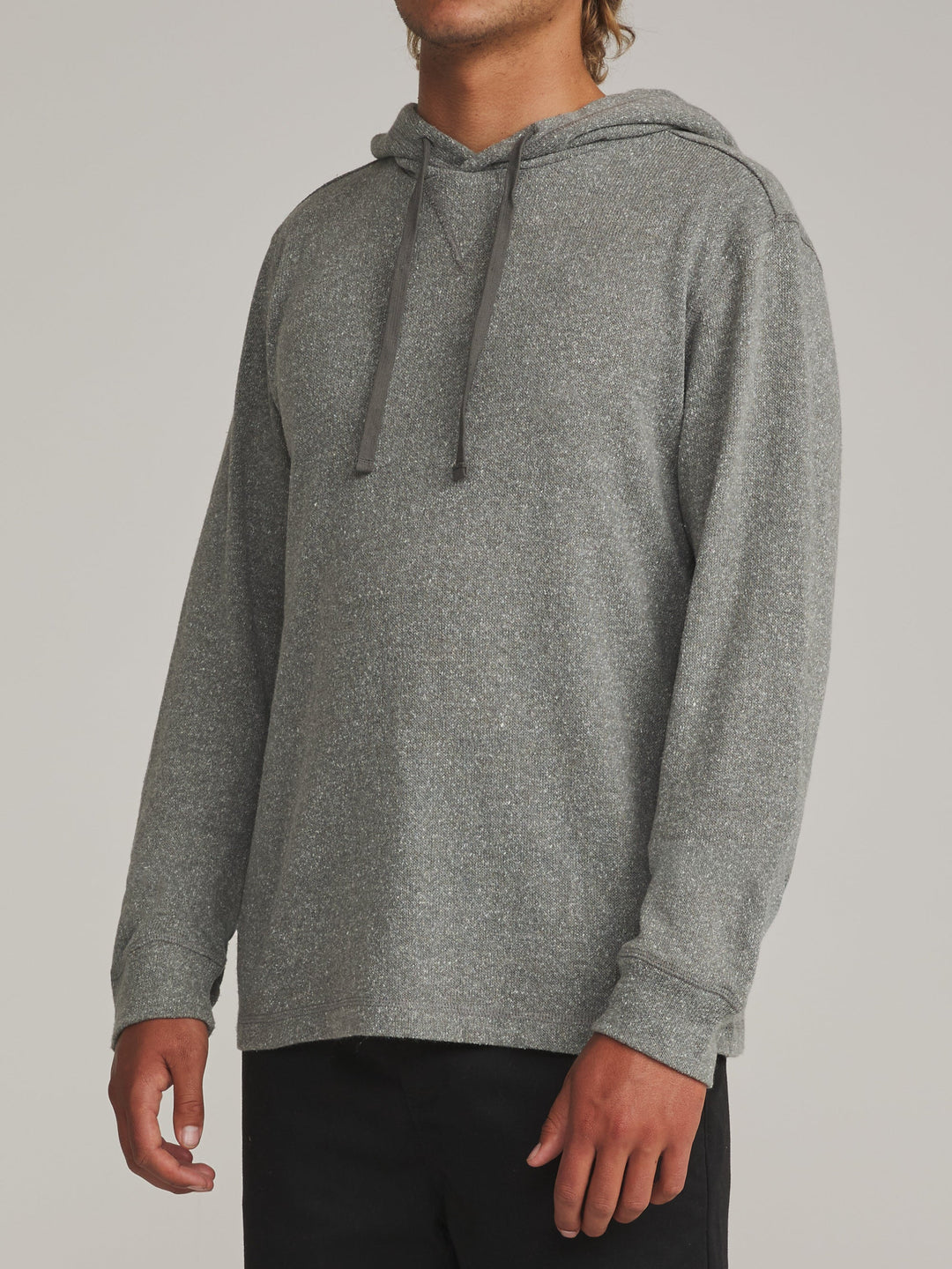 Katin Sock Hood Sweater in Gray, worn by a model, side view