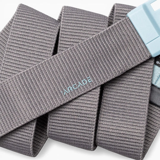 Polar Mag Belt in Charcoal/Cove, coiled, Arcade embroidery detail