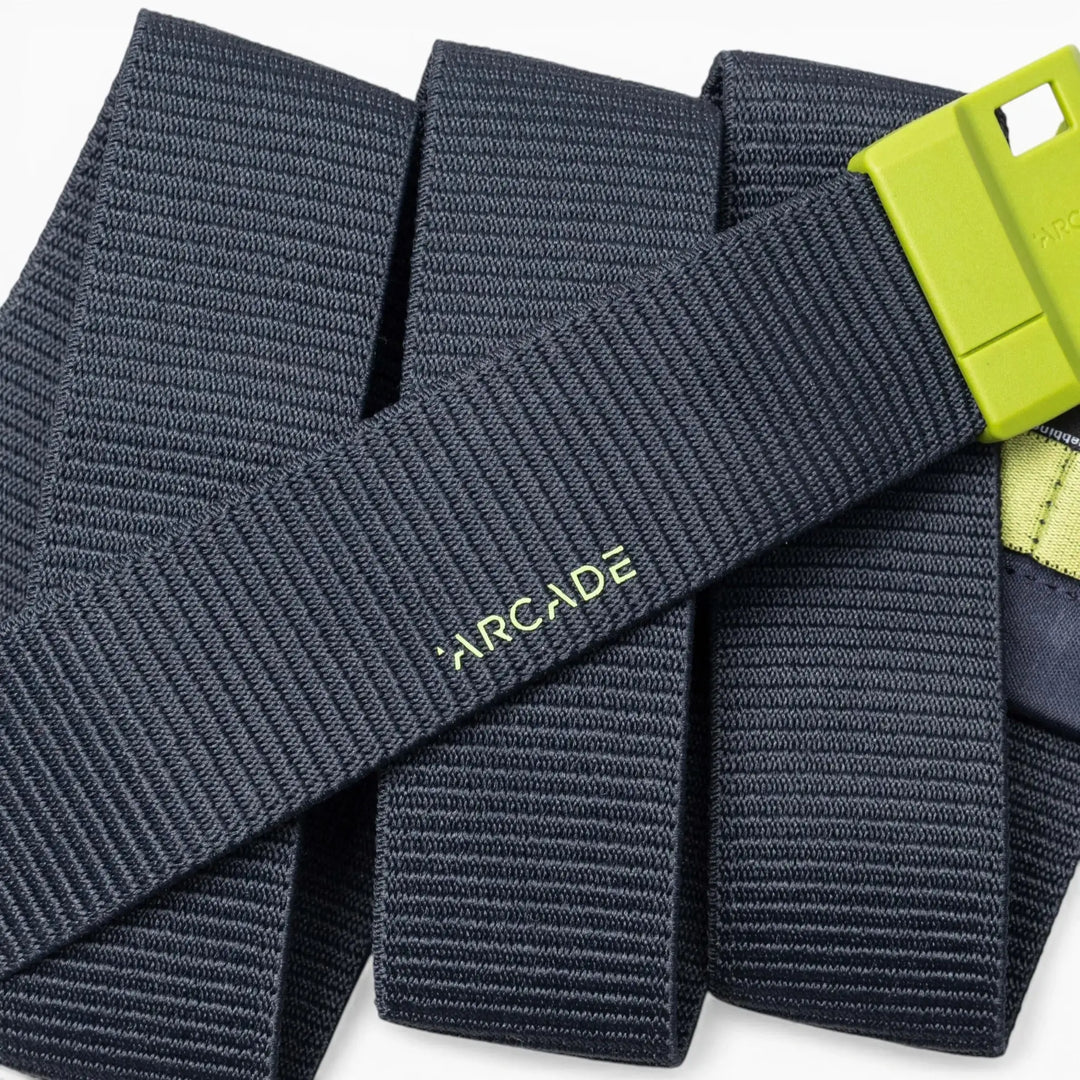 Polar Mag Belt in Navy/Clover, coiled, Arcade embroidery detail