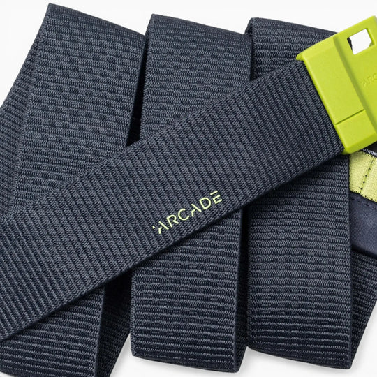 Polar Mag Belt in Navy/Clover, coiled, Arcade embroidery detail