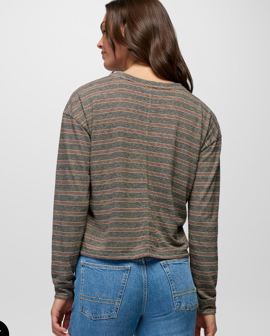 prAna Cozy Up Long Sleeve Crew in Cacao Stripe - back - Davidson Provision Co.
