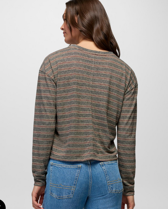 prAna Cozy Up Long Sleeve Crew in Cacao Stripe - back - Davidson Provision Co.