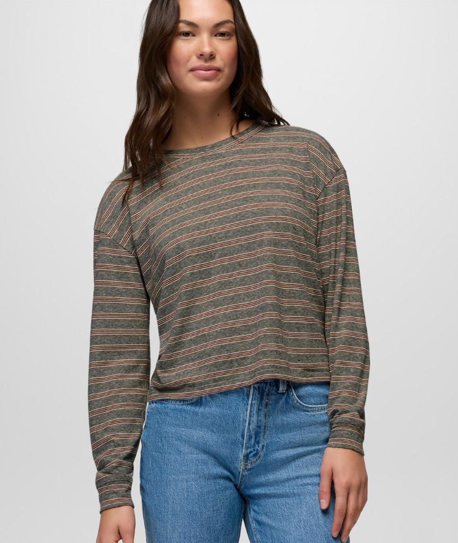 prAna Cozy Up Long Sleeve Crew in Cacao Stripe - front - Davidson Provision Co.