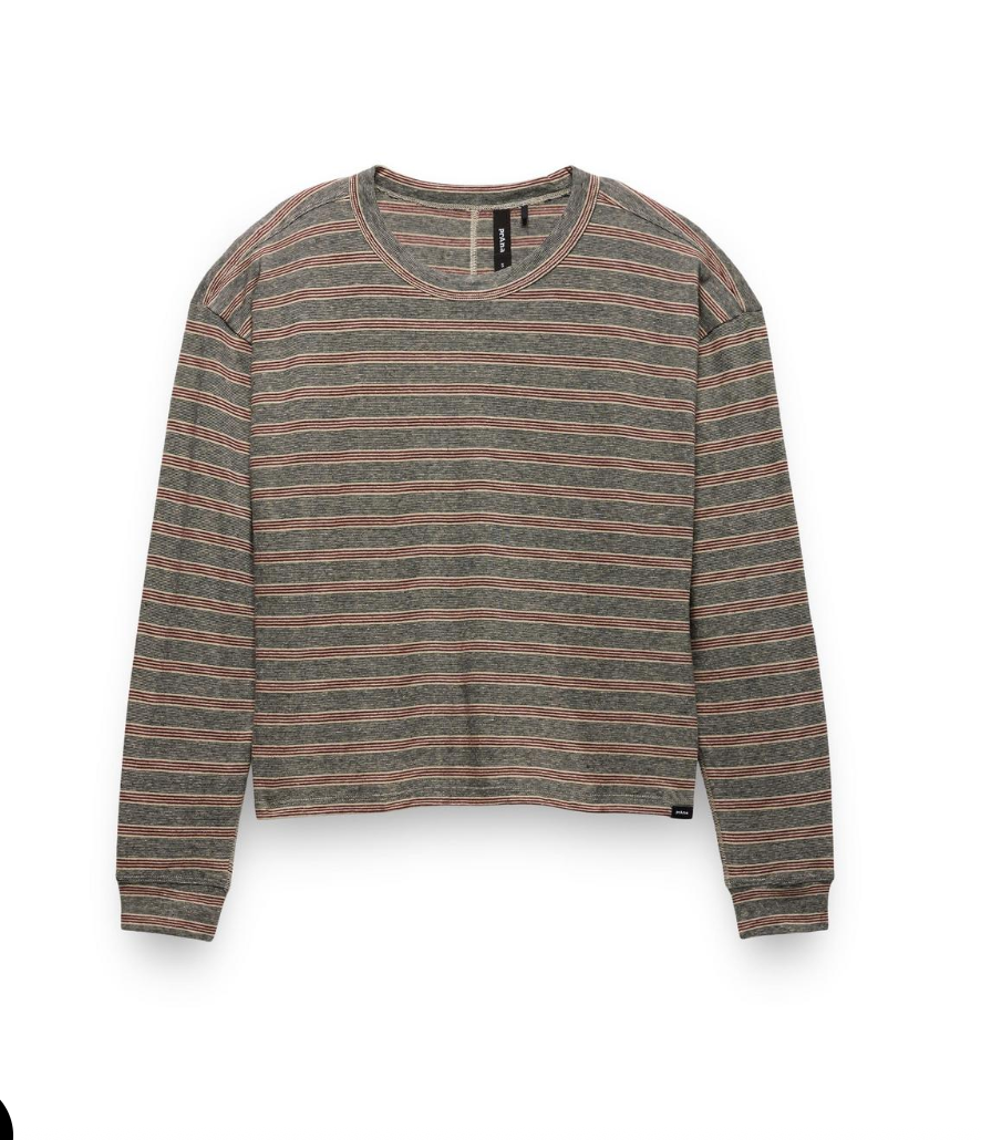 prAna Cozy Up Long Sleeve Crew in Cacao Stripe - flat lay - Davidson Provision Co.