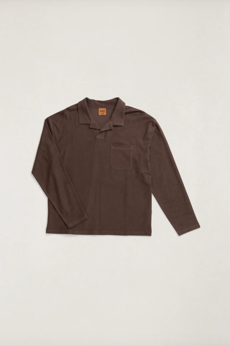 Rhythm Vintage Terry LS Polo in Chocolate - front flat lay
