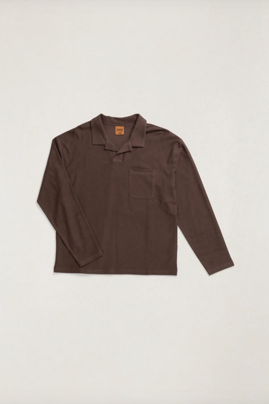 Rhythm Vintage Terry LS Polo in Chocolate - front flat lay