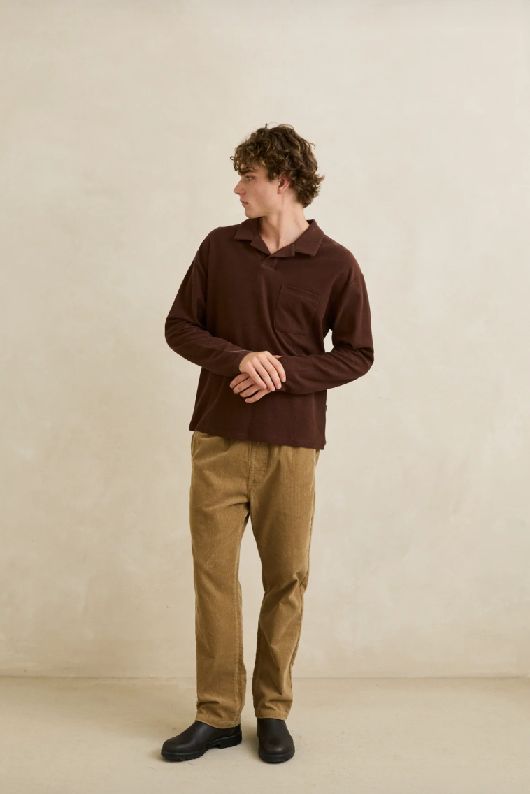 Rhythm Vintage Terry LS Polo in Chocolate - front full