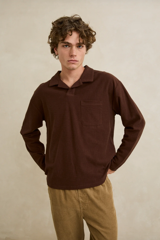 Rhythm Vintage Terry LS Polo in Chocolate - front