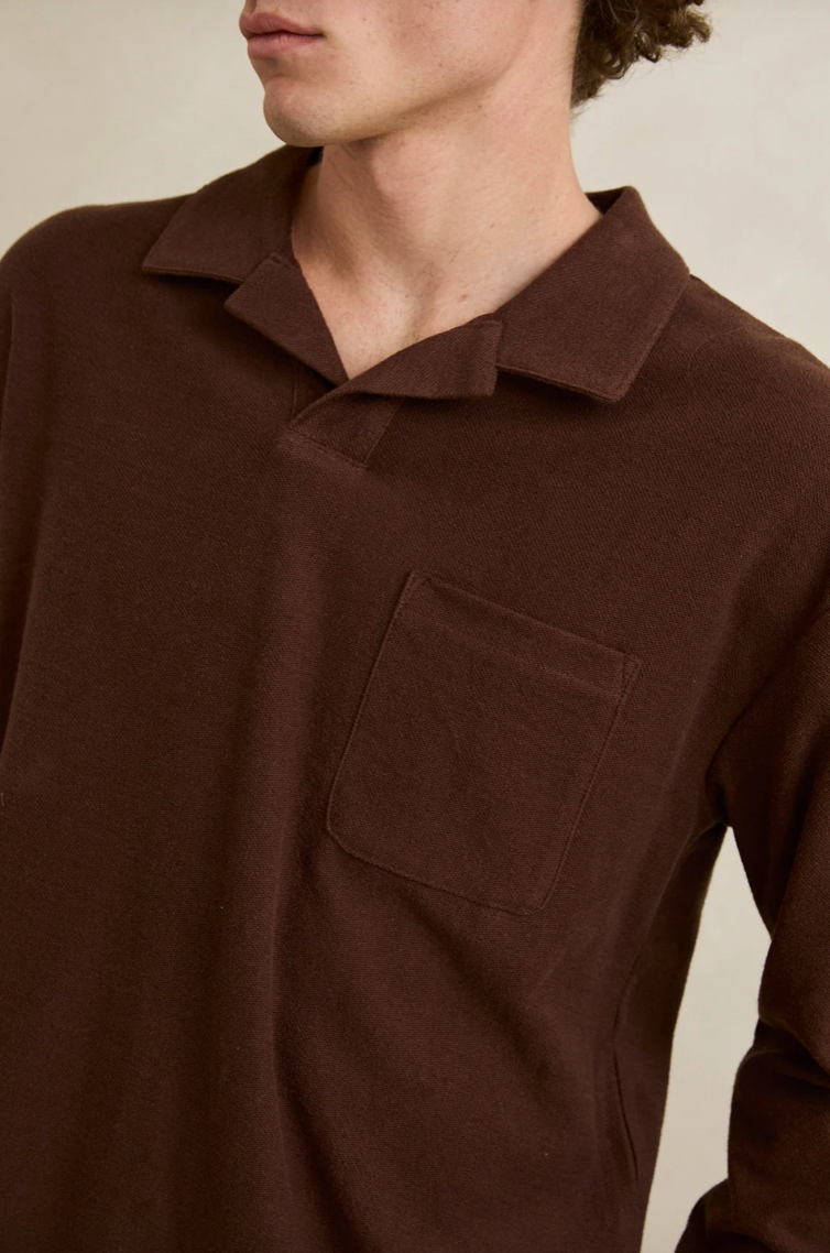 Rhythm Vintage Terry LS Polo in Chocolate - pocket