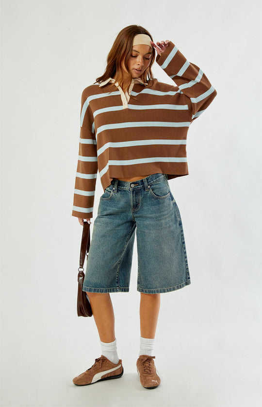 Rhythm Rugby Polo Knit Sweater in Brown - front full