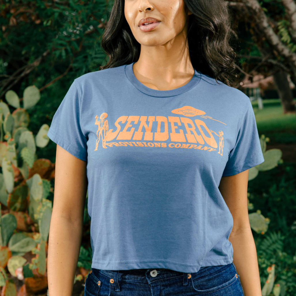 Cowboy Lift Off Boxy Tee in Navy – front-close