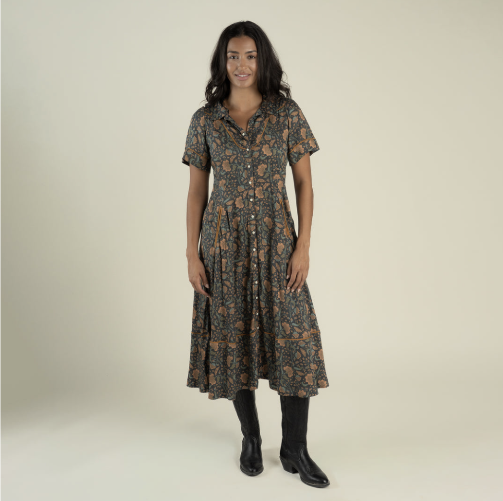 La Dahlia Dress in Copper Floral – front