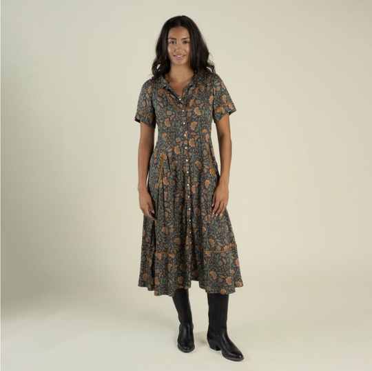 La Dahlia Dress in Copper Floral – front